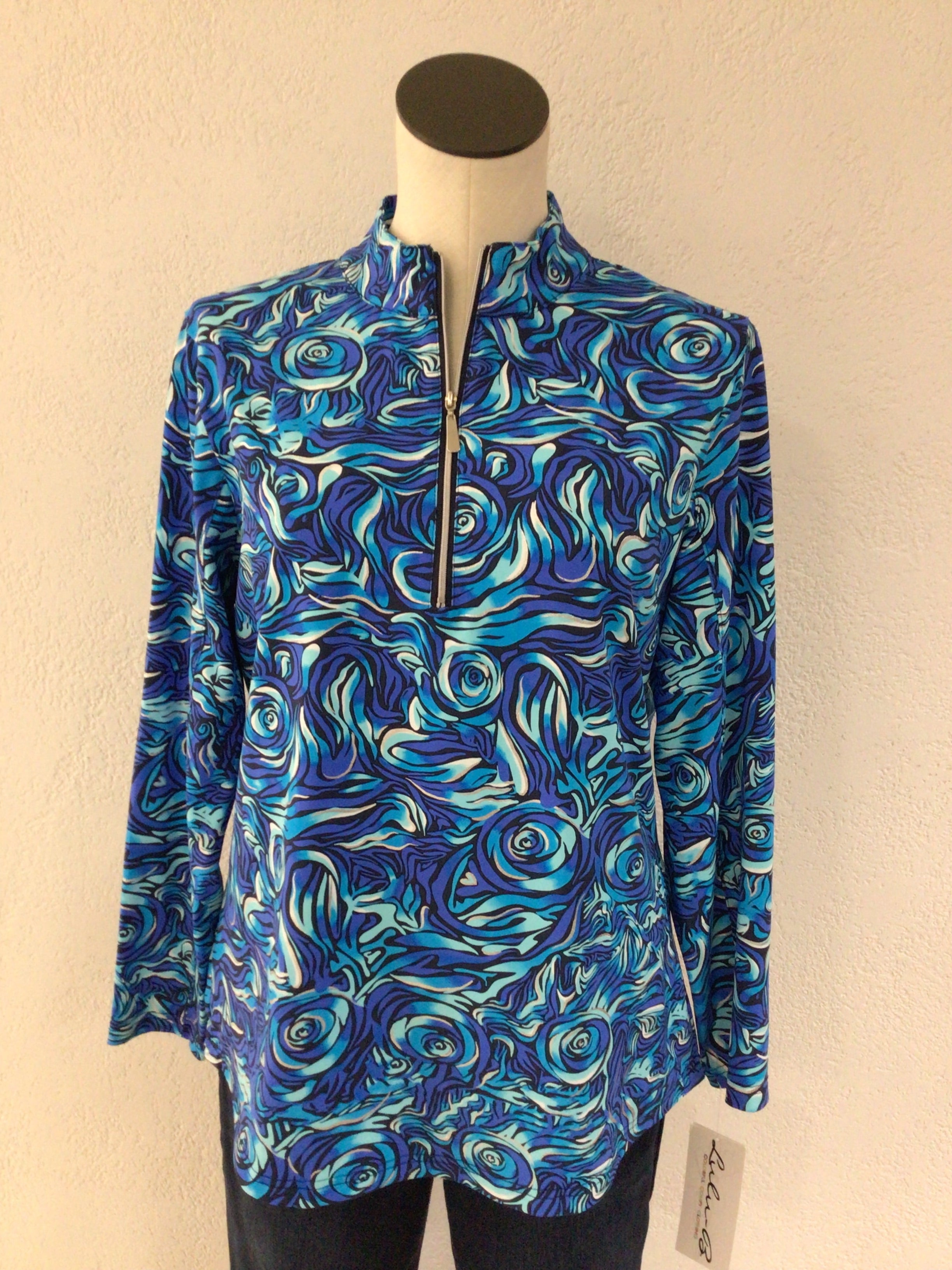 Lulu B 1/4 Zip Mock Blue Print SPX0632 RSWB