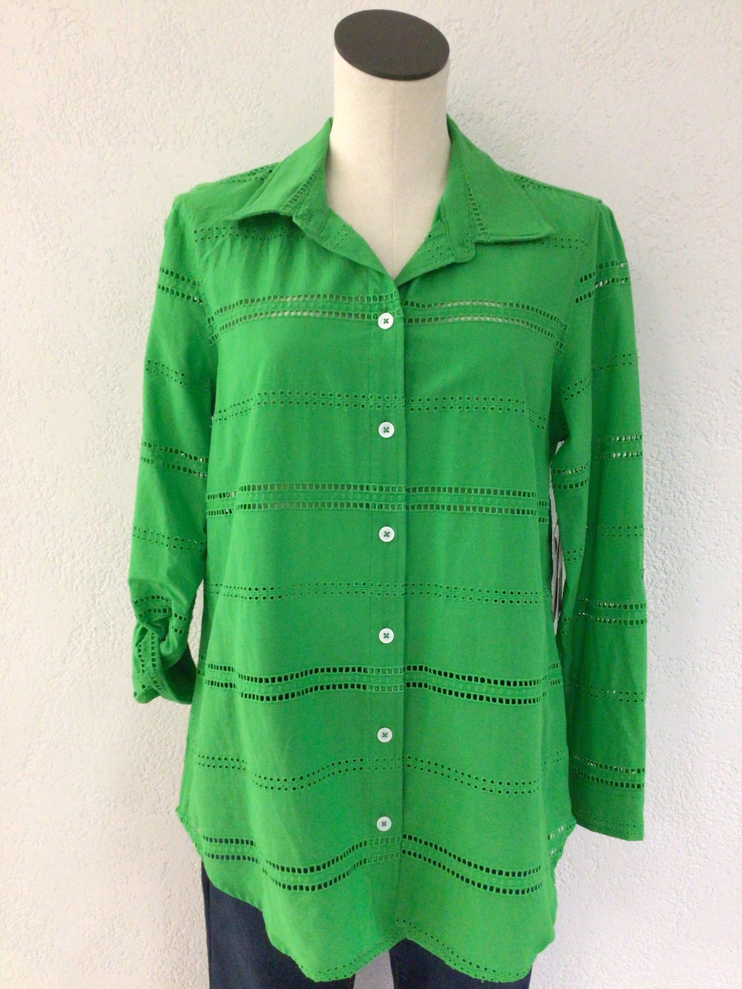 Multiples Bright Green Embroided Button Front Blouse M24302BM