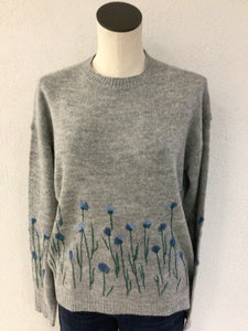 Charlie B Grey Sweater with Floral Border C2673