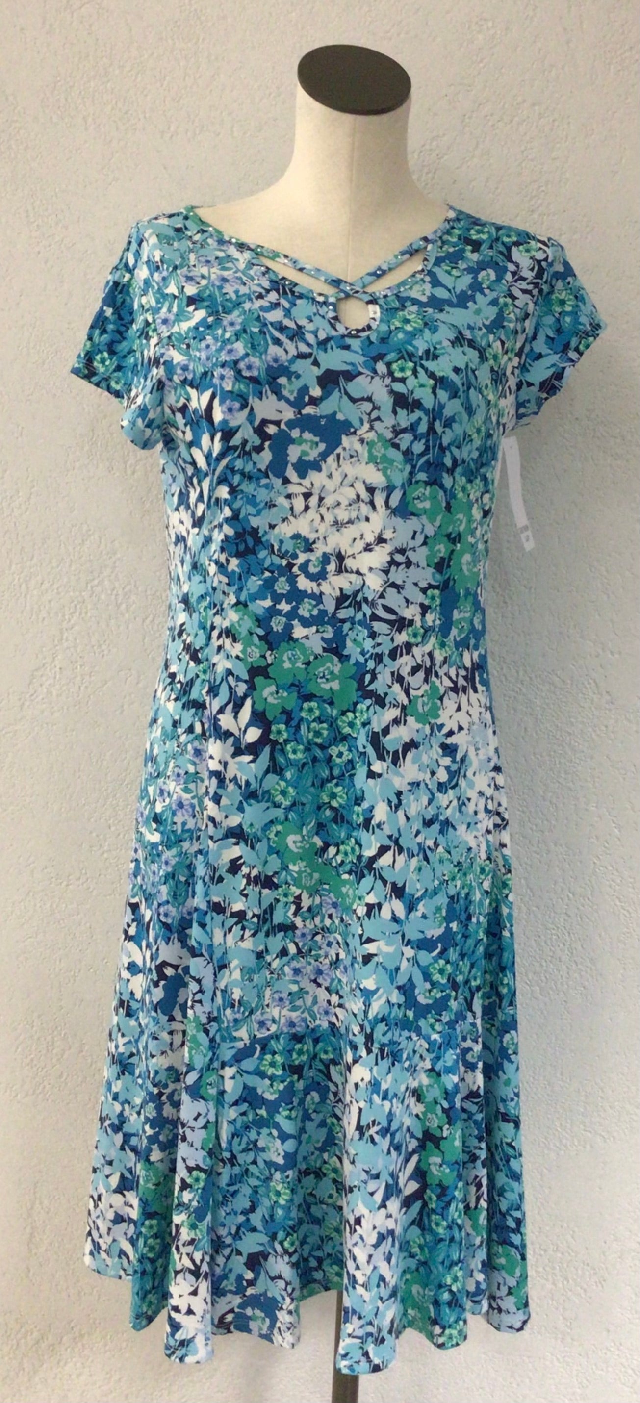 Southern Lady Short Sleeve Aqua Print Dress 6301