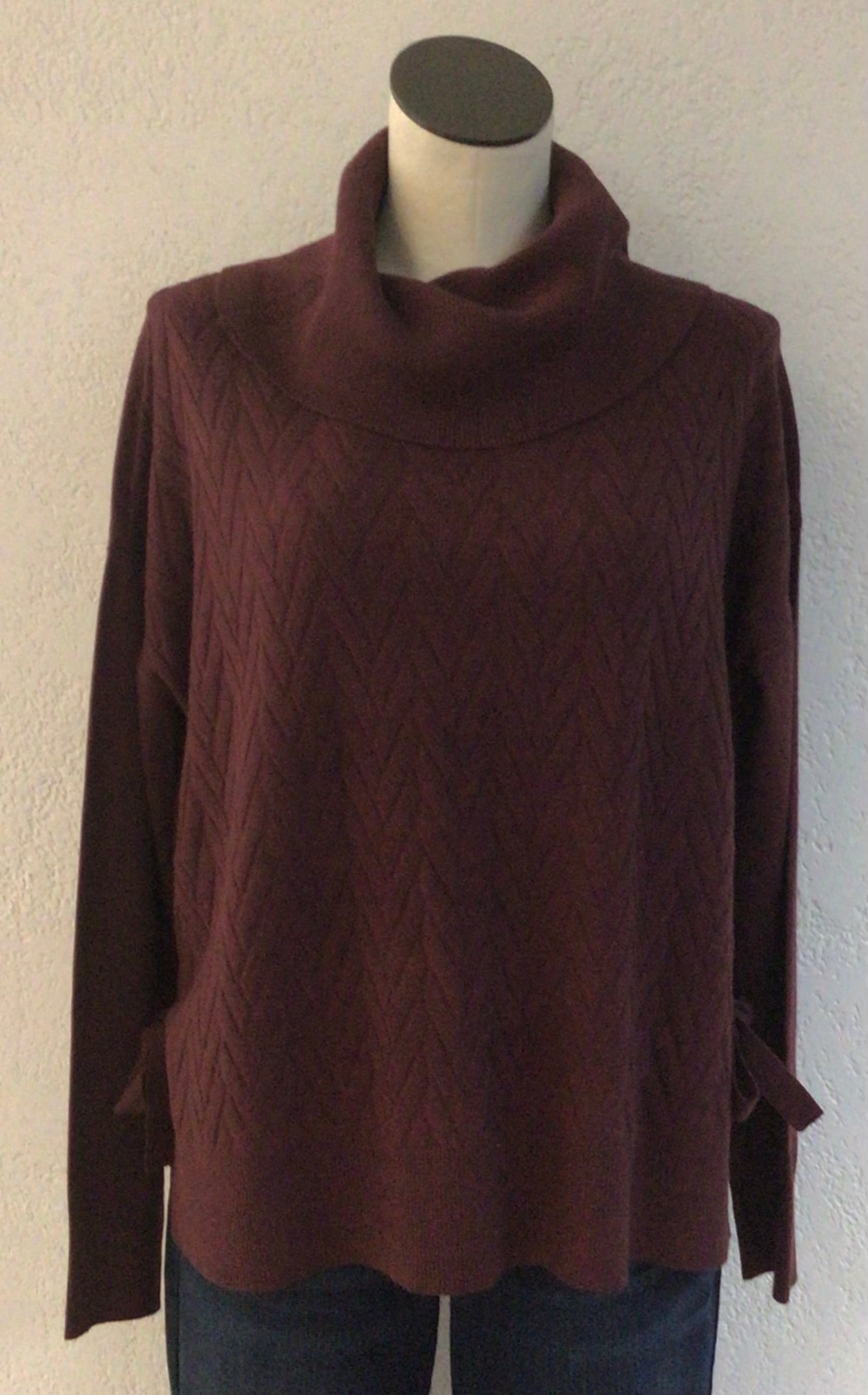 Charlie B Cabernet Cowl Neck Sweater Side Slit and Tie Details C2903