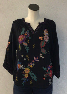 Tru Luxe Black Embroidered Split Neck Top T35344TM