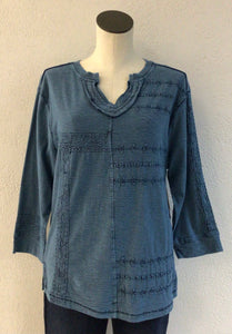 Tru Luxe Blue Emboidered Slub Knit Top T35346TM